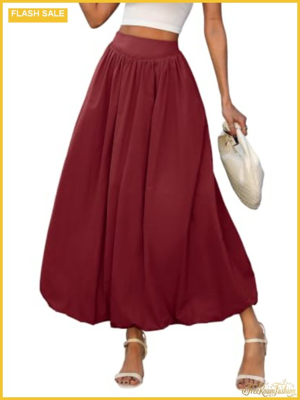 Womens Bubble Maxi Skirt Elastic Waist Puffy Hem A-Line Polyester Blend